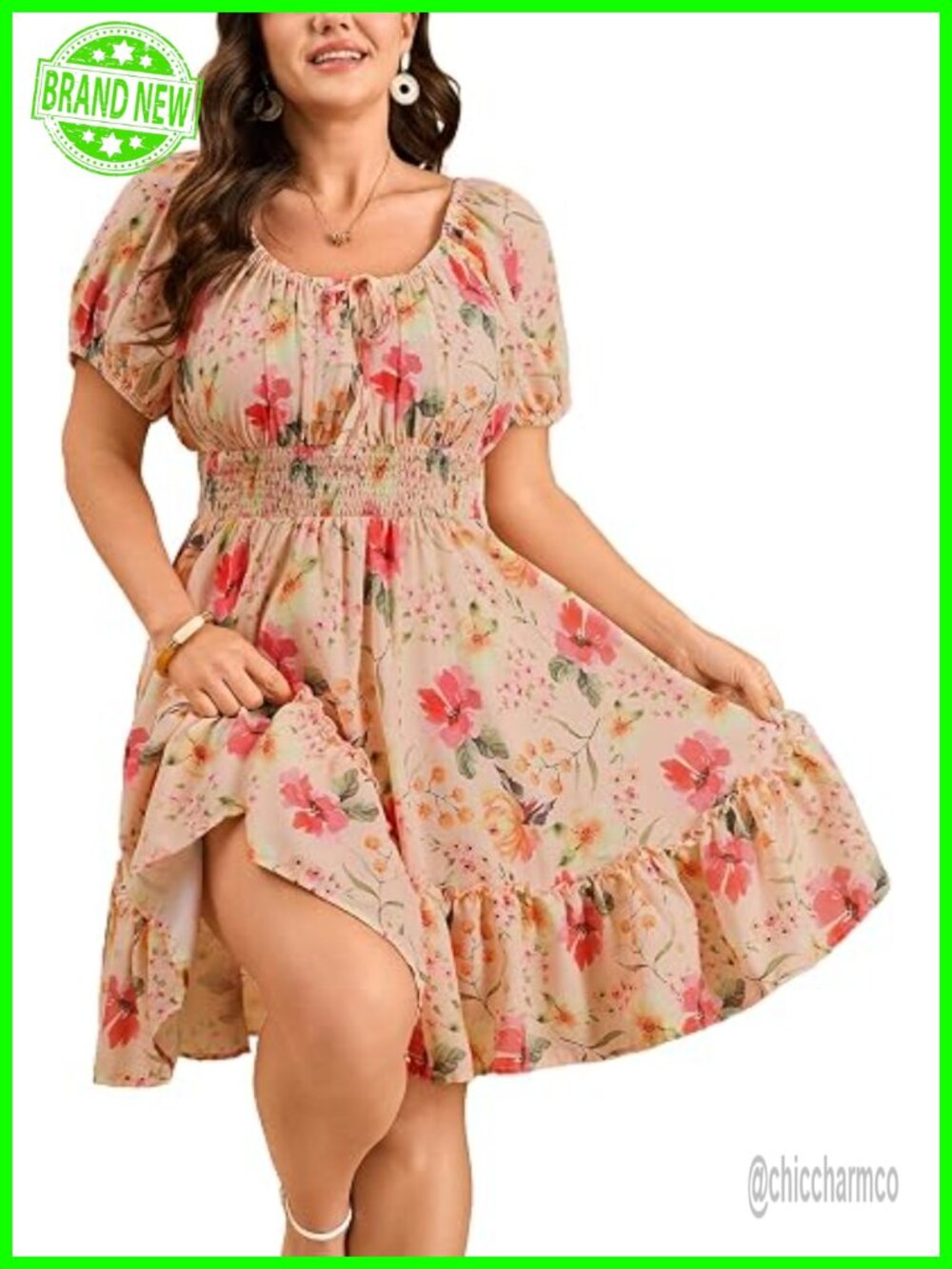 Plus Size Square Neck Floral A-Line Mini Dress with Ruffle Hem